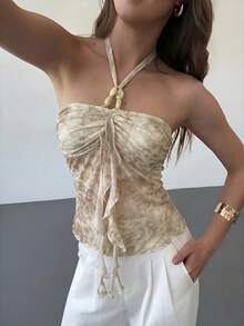Aloruh Women's Summer Beach Vacation Style Leopard Print Ruched Bust Knot Halter Top - Apricot - View 4