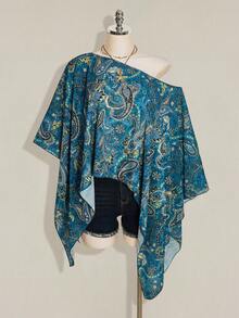 SHEIN ICON 女款 Y2K 復古佩斯利印花大尺碼罩衫上衣 - 藍色 - 查看 3
