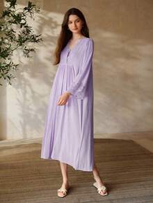 MOTF PREMIUM Vestido de ropa de estar en casa con manga larga y encaje en contraste para mujer - Púrpura malva - Ver 3