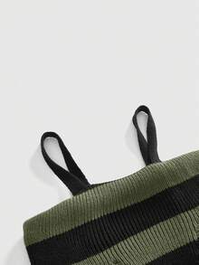 ROMWE Goth 時尚暗黑龐克做舊設計收腰露肩領口黑灰條紋針織衫 - 軍綠色 - 查看 4