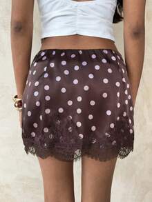 Aloruh Women's Summer Elegant Sexy Y2k Brown Polka Dot Print Lace Patchwork Skirt Night - Brown - View 3