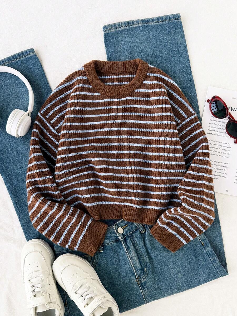 SHEIN Girls' Autumn/Winter Fashion Minimalist Thick Knit Sweater Long Sleeve Top - Multicolor - View 1