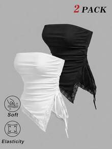 SHEIN MOD 2件組女款蕾絲拼接百褶休閒百搭日常外出抹胸上衣 - 黑與白 - 查看 3