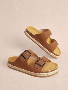 Rosivie A Pair Of Women's New Round Toe Thick-Soled Flat-Soled Sandals, Belt Buckle Decoration, Real Hemp Rope, Straw Bottom, Open-Toed Fashion Sandals - Brown - View 4
