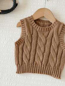 SHEIN LMoss Kids Baby Girl Solid Color Knit Round Neck Sleeveless Fitted Autumn Winter Sweater - Multicolor - View 4