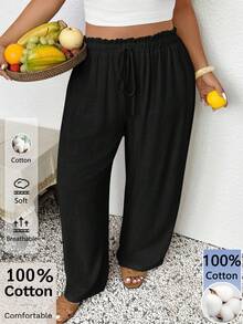 SHEIN Frenchy 大尺碼女款休閒商務波希米亞風寬鬆100%純棉長褲，時尚度假海灘夏季假期款 - 黑色 - 查看 2