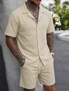 Manfinity Dauomo Men's Solid Color Turn-Down Collar Single-Breasted Short Sleeve Shirt And Elastic Waist Shorts Set - Khaki - View 5