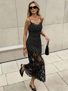 SHEIN Women's Summer Elegant Sexy Party Date Night Night Out Dress Lace Smooth Satin Asymmetrical Long Patchwork Backless Black And White Polka Dot - Black - View 8