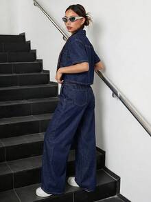 2 Potong Baju Kemeja Lengan Pendek Longgar Denim Biru Tua dan Celana Jeans Longgar dan Nyaman untuk Remaja Perempuan - Biru - View 3