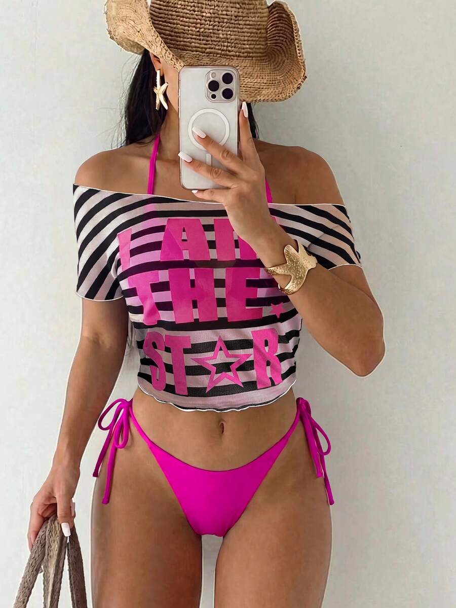 Swim Vcay 女款性感掛脖綁帶比基尼套裝,雙面國旗印花 + 印花網紗單肩上衣,春/夏 - 玫紅色 - 查看 1