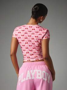 Missguided x Playboy Bunny Cherry All Over Print Crop Slim Fit Tee Short Sleeve Crew Neck Casual Y2k Cute Summer Top Going Out Pink And White - Multicolor - View 5