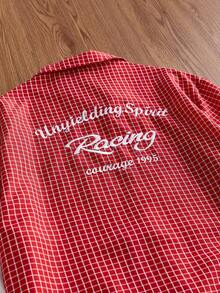 SWAVVY Camisa 2 en 1 para hombre con cuadros, patchwork y bordado de letras - Rojo - Ver 3