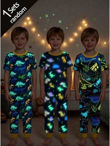 1 Set Boys Dinosaur And Planet Print Fitted Crew Neck Short Sleeve Pajama Set, Including Top And Pants, Spring/Autumn Style - Navy Blue - View 8