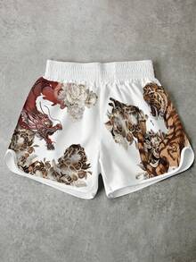 Manfinity EMRG Men's White Dragon & Tiger Floral Print Streetwear Boxing Shorts, Japanese Retro Casual Summer Sports Shorts, Suitable For Vacation, Music Festival, Party, Daily Commute - Multicolor - View 4