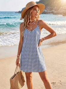 SHEIN LUNE Women's Plaid Casual Daily Summer Mini Camisole Dress - Multicolor - View 3