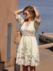 Vivid Eden Plus Size Women's Floral Print Petal Sleeve Elegant Traditional Vacation Dress, Boho Puff 3/4 Sleeve Sundress, Autumn Outfit, Fall Formal Brunch Pink - Beige - View 8