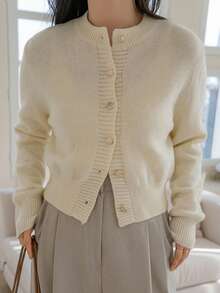 Dazy Plus Solid Color Casual Round Neck Elegant Versatile Cardigan Knit Sweater Autumn/Winter - Apricot - View 3