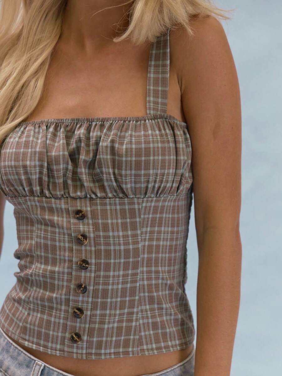 MUSERA Sleeveless Square Neck Corset Top Plaid Pattern Ruched Bust Button Detail Summer Casual Preppy Cute Everyday Girly Y2K Soft School Light Blue - Multicolor - View 1