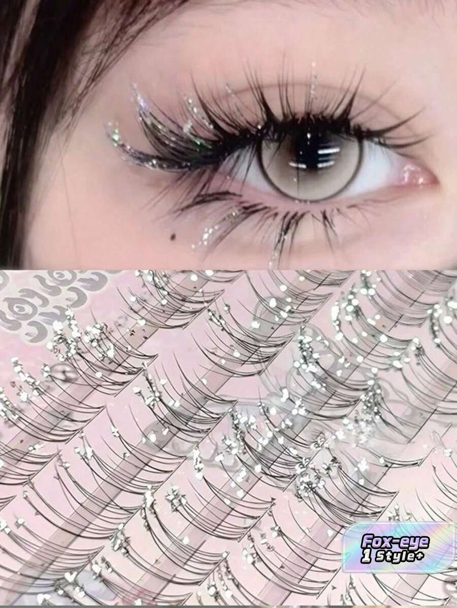 Self-Adhesive Shiny Star Rhinestone False Eyelashes, Cool Fox Eye Glitter Lashes, Ideal For Cosplay, Shooting, Christmas & Daily Natural Makeup, Random Card Base - View 1