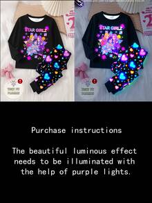 SHEIN 女童 UV 紫光感光發光卡通公主睡衣套裝，動漫女孩印花風，純黑色配霓虹螢光愛心圖案，針織彈性修身款，春秋圓領長袖褲子休閒兩件式居家服 - 彩色 - 查看 3