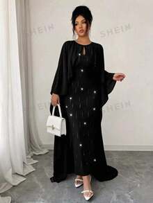 Selianne Gaun Capelet Biru Muda Elegan, Gaun Panjang Formal untuk Wanita, Musim Semi/Panas - Hitam - View 7