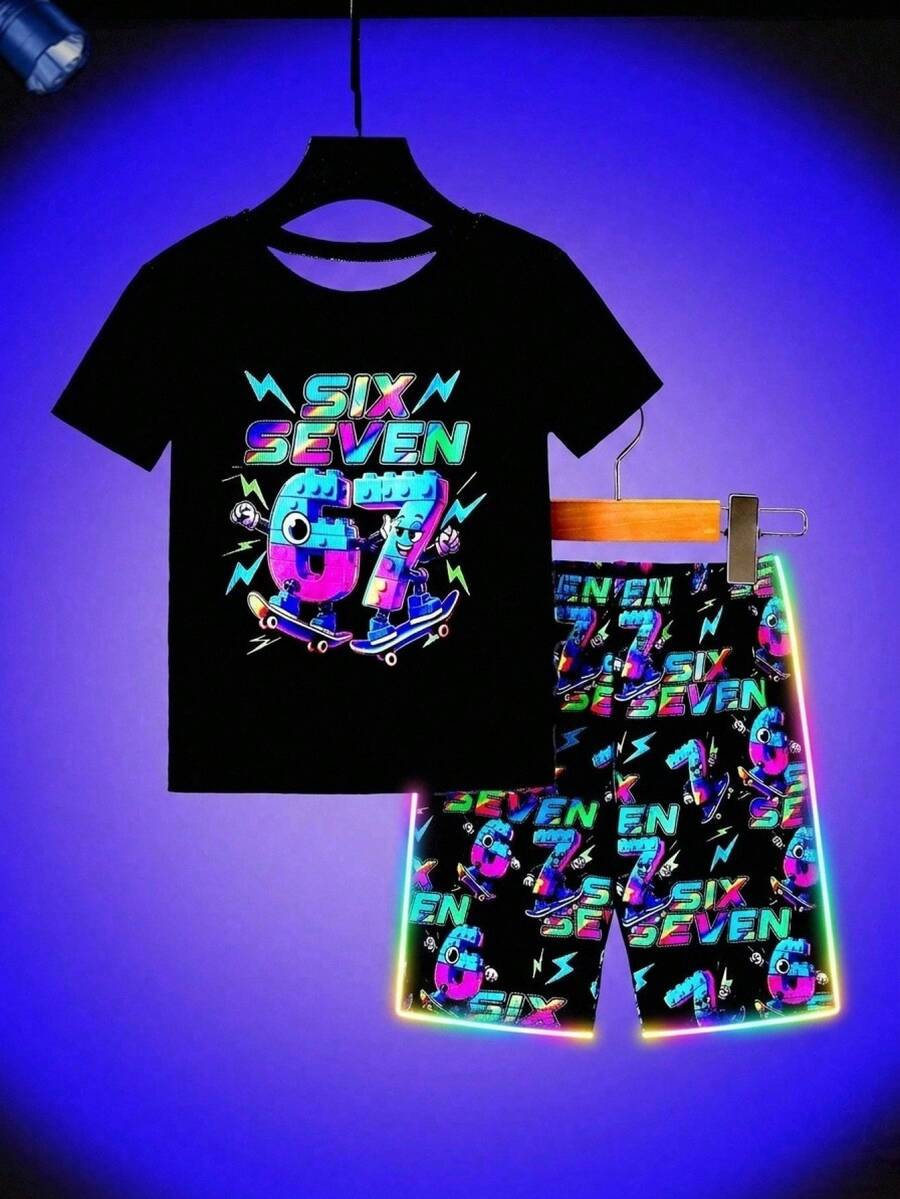 SHEIN 小男孩卡通漢堡圖案休閒簡約貼身舒適圓領短袖短褲居家服,適合春夏季 - 彩色 - 查看 1