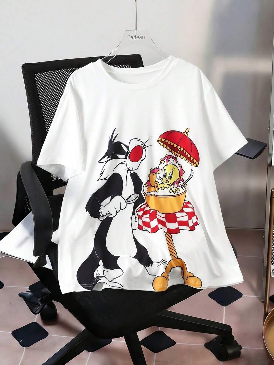 Flirla LOONEY TUNES X SHEIN Plus Size Women's Round Neck Cartoon Print Short Sleeve T-Shirt, Suitable For Casual Cute Whimsical Vacation, Office Holiday Commute, White Summer - White - View 1