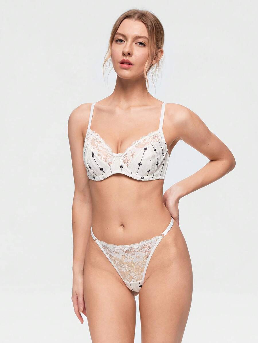 Bonmuse 1 Set Women's Lace Patchwork Heart Print Sexy Romantic Underwire Bra Set - White - View 1