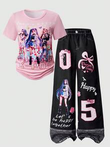 Genkimix Kids 女孩T恤套裝，女團風穿搭，淺粉色短袖上衣搭配甜酷女孩印花，鮮豔吸睛。寬腿長褲配獨特可愛圖案印花，充滿街頭風。甜酷碰撞，輕鬆捕捉夏季活力氛圍，適合外出與上學，隨處吸睛。 - 彩色 - 查看 6