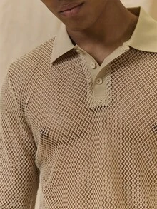 Musero Polo de malla de red con cuello y detalles de botones, esencial para primavera y verano - Amarillo - Ver 2