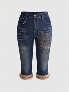 ROMWE Hippie Crown Rhinestone Gemstone Applique Furry Denim Plus Size Capri Pants - Blue - View 1