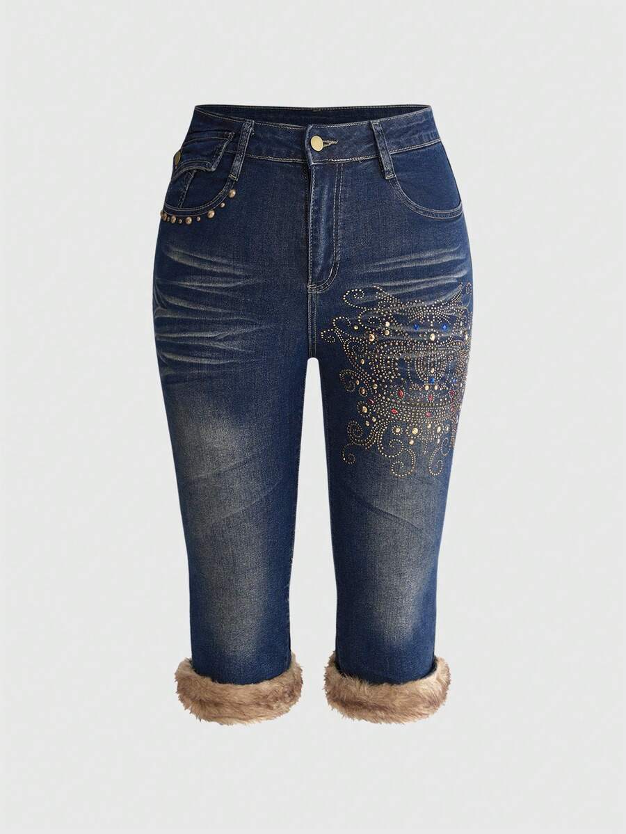 ROMWE Hippie Crown Rhinestone Gemstone Applique Furry Denim Plus Size Capri Pants - Blue - View 1