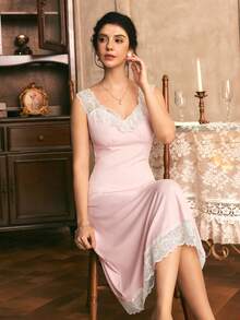 Côtesoire French Elegant Romantic Lace Patchwork Bow Decor Slim Fit Long Women's Nightgown For Wedding And Home - Baby Pink - View 5