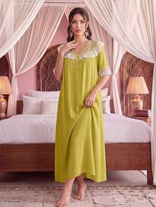 Jahmira Palace Style Embroidered Floral Lace Patchwork V-Neck Button Front Short Sleeve Nightgown - Olive Green - View 1