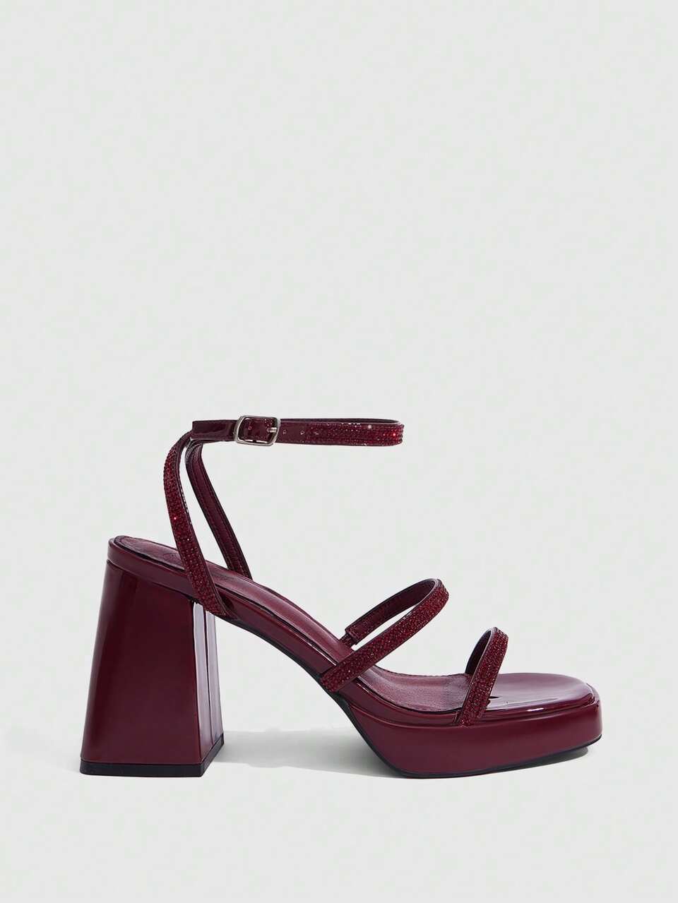 CUCCOO SZL Women's Glamorous Burgundy Block Heel Platform Sandals With Square Toe And Sparkling Ankle Strap Perfect For Party Nights