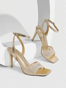 CUCCOO SZL Women's Gold Square Toe Rhinestone Heeled Sandals With Ankle Strap - Gold - View 1