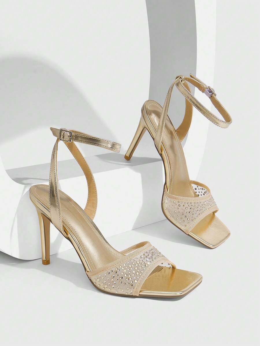 CUCCOO SZL Women's Gold Square Toe Rhinestone Heeled Sandals With Ankle Strap - Gold - View 1