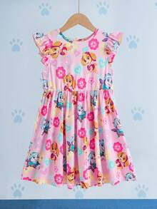 SHEIN | PAW Patrol Young Girl Cartoon Print Round Neck Flutter Sleeve Dress - Pink - View 3