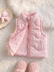 SHEIN Playful Pals 女嬰 1件裝 粉色立領無袖拉鍊抓絨背心，適合休閒外出、玩耍、拍照，舒適冬季百搭外套 - 粉色 - 查看 7