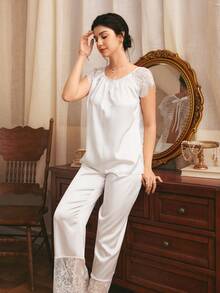 Côtesoire French Romantic Elegant Sexy Back Tie Bow Charm Lace Patchwork Satin Women's Pajama Set - White - View 3