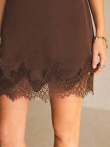Poéselle Women's Solid Color Round Neck Lace Hem Sleeveless Short Dress Dinner Date Date Night Dark Brown Summer Minimalist Elegant - Brown - View 6