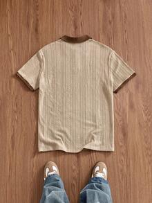 SWAVVY Men's Summer Casual Colorblock Patchwork Short Sleeve Polo Shirt - Khaki - View 2