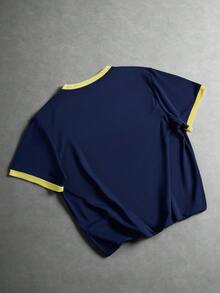 PAVTROS 男士街頭風 INS 套裝，拼色拼接設計，刺繡工藝，日常穿著，送給男友/丈夫的禮物，週年紀念禮物，海軍藍 T 恤 - 彩色 - 查看 2