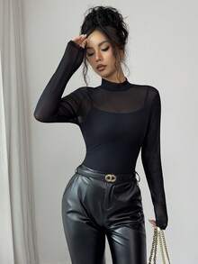 Selianne New Early Autumn Women Elegant Black Mesh Mock Neck Long Sleeve Slim Top With Inner Camisole, Figure-Hugging Design, Mature Hot Girl Style For Commute - Black - View 5