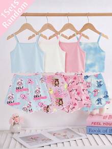 [Randomly Sent 1 Set]Tween Girls Pajamas Summer New Fashion Cute Cartoon Rabbit Pattern Printed Knit Ruffle Trim Camisole Top With All-Over Print Shorts 2-Piece Set 1Sets (Randomly Sent) - White - View 2