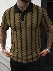 Manfinity Homme 男士拼色翻領短袖 Polo 衫，復古幾何提花休閒上衣 - 軍綠色 - 查看 5