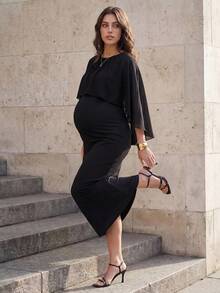 MaterniWear Maternity Solid Color Fashion Ruched Wrap Dress Photoshoot Black Autumn Fall Elegant Wedding - Black - View 4