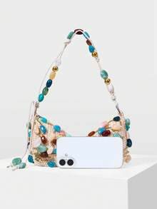 MOTF LADIES FASHION COLORED STONE + BEIGE STRAW BAG, EXQUISITE VACATION DESIGN SHOULDER BAG, SUITABLE FOR DAILY, PARTY, PARTY, VACATION, BEACH, SEASIDE - Beige - View 6