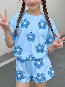 青少年女孩休閒可愛紋理碎花天空藍田園風圓領短袖T恤寬鬆短褲兩件套，適合春夏，圖案舒適，女孩套裝，Y2K復古度假波點風 - 彩色 - 查看 2