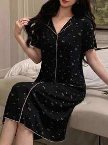 DAZY Camisón para mujer de largo medio con estampado de lazos en toda la prenda, bloques de color y patchwork de encaje, primavera/verano - Negro - Ver 5